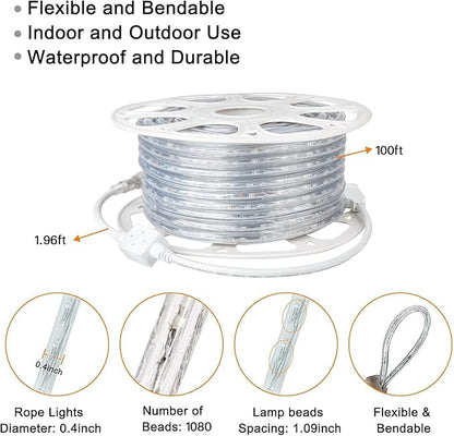 SURNIE Rope Lights Outdoor Waterproof Daylight White: LED 100FT Cuttable Outside Bright 110V Lighting 6000K Connectable Flexible Cool Clear Tube, Indoor Deck Patio Xmas Camping Decor, Not Flat Strip