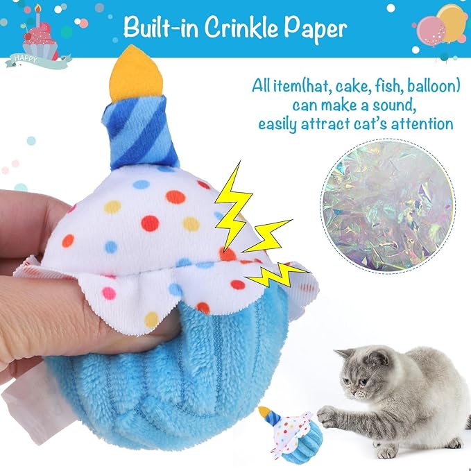 BINGPET Cat Birthday Catnip Toys for Indoor Cats,Cat Birthday Hat,Bandana and Cat Birthday Cake Interactive Plush Kitten Chew Toys,Cute Fish,Balloon Toys with Crinkle Paper and Catnip Inside(Sky Blue)-Mewly Pet