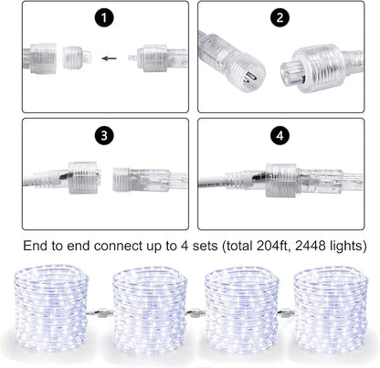 Brizled Rope Lights, 51ft 612 LED Christmas Rope Lights, 120V Plugin Christmas Tube Light Connectable, Waterproof Cool White Indoor Outdoor Tube Light Flexible for Holiday Garden Yard Corridor Patio