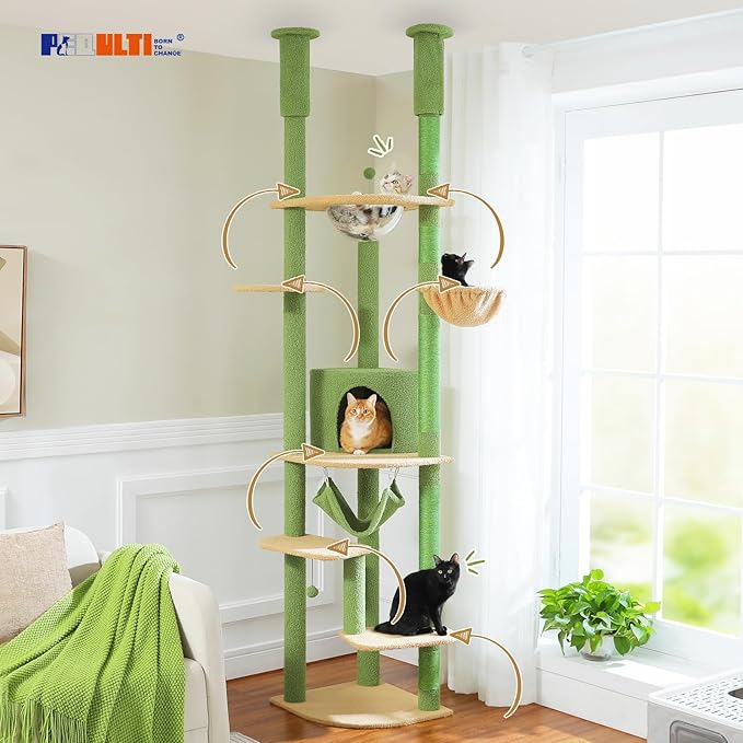PEQULTI Floor to Ceiling Cat Tree 92.9’’-101.6’’ Height Adjustable Cat Tower Tall Kitty Climbing Play House with Scratching Posts, Cozy Condo, Perches and Large Hammock for Indoor Cats Green-Mewly Pet