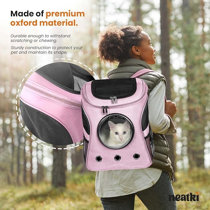 Cat Backpack Carrier, Airline Approved, Space Capsule Bubble Design, Ideal for Cats & Dogs up to 28-35 lbs, with Strong Straps, Safety Zippers, Mesh, Comfortable for Hiking & Travel (Pink)-Mewly Pet