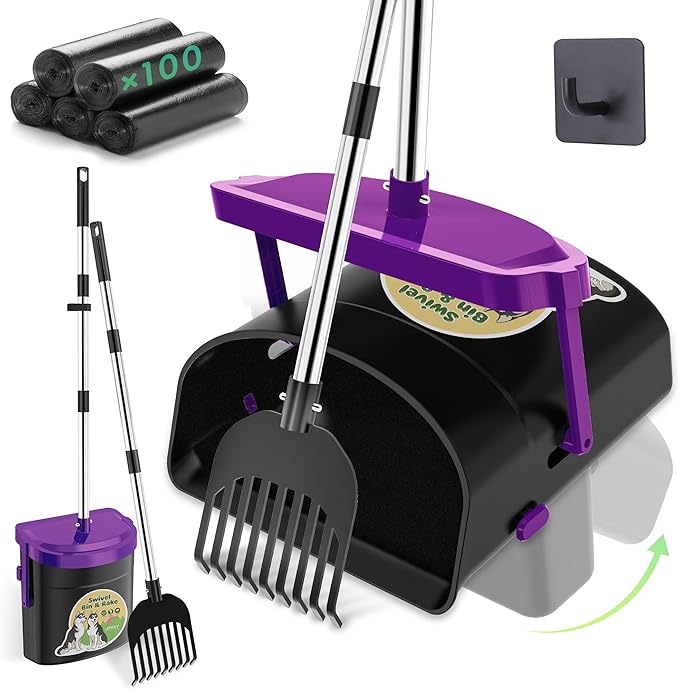 UPSKY Dog Pooper Scooper Swivel Bin & Rake Kit with 100 Waste Bags,33.4" Stainless Steel Long Handle Heavy Duty Pet Poop Shovel for Large Medium Small Dogs, Odor-Proof Lid for Yard/Lawn/Outdoor Use-Mewly Pet
