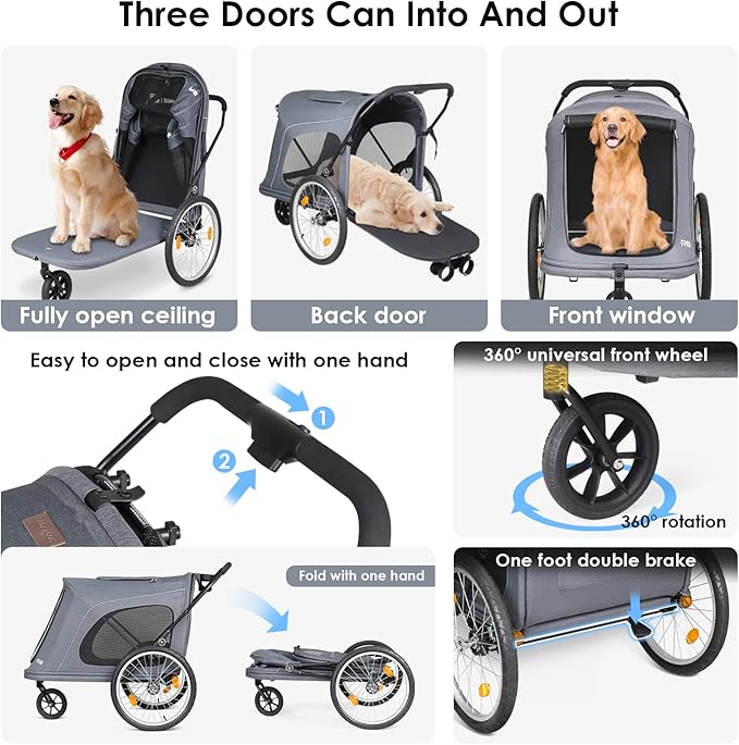 R8 Extra Large Foldable Pet Stroller, Dog Stroller & Pet Trailer for Large Dogs Under 100 lbs, Unmovable, Disabled & Pregnant Dogs - Conveniently Carriable by Bike and Car, Grey-Mewly Pet