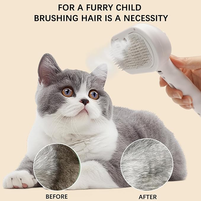 Cat Steam Brush for Shedding– 4-in-1 De-Shedding, Steam Spray, and Self-Cleaning Grooming Tool – Ideal for Long and Short-Haired Pets– Includes 2 Bottles of 120 mL Waterless Shampoo(White)-Mewly Pet