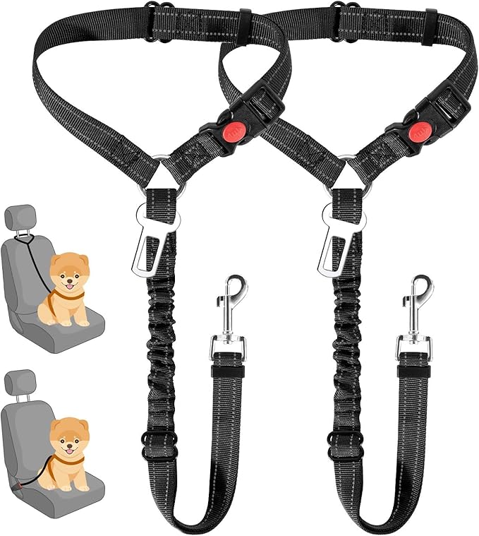 SlowTon Dog Seat Belt for Car, 2 Pack Dog Car Harness Seatbelt Adjustable with Elastic Bungee Buffer, 2 in 1 Pet Car Leash Headrest Restraint Dog Reflective Safety Tether (S, Black, Headrest+Clip)-Mewly Pet
