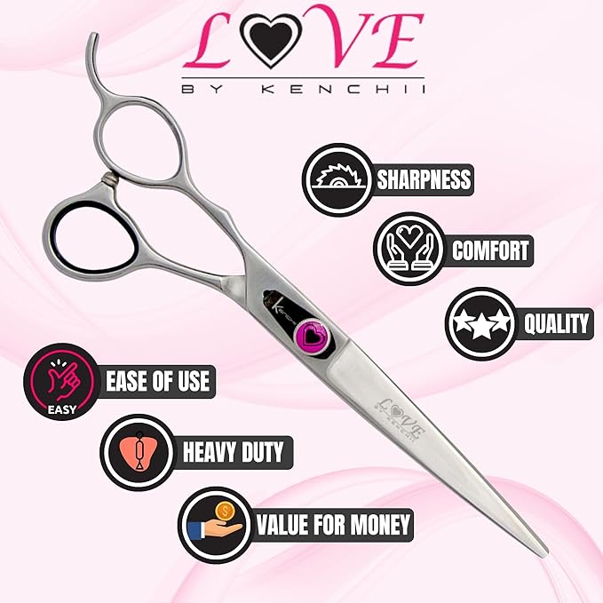 Kenchii Love Left Handed Dog Grooming Scissors, 7 Inch Straight Shears, Dog Scissors for Grooming, Professional Pet Grooming Scissors, Ergonomic & Comfortable-Mewly Pet