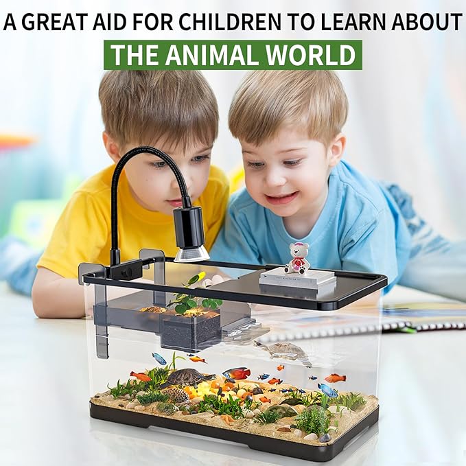 (Tank + Light + Filter Balls) Turtle Tank Kit, Turtle Tank Starter Kit,Bottom Drainage, Multi-Function Areas for Turtles, Crabs,Fishes, Amphibians,Reptiles. (11.81 × 7.88 × 7.88 Inch)-Mewly Pet