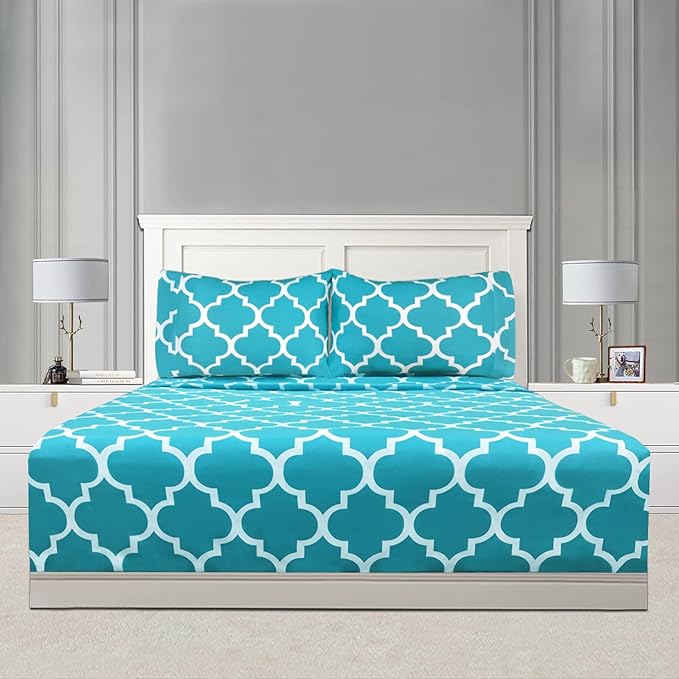 Mejoroom Queen Bed Sheet Set - Super Soft Brushed Microfiber - 1800 Thread Count Queen Sheets with 16 inch Deep Pocket - Wrinkle Free - 4 Piece(Queen, Aqua Quatrefoil with White Pattern)