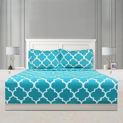 Mejoroom Queen Bed Sheet Set - Super Soft Brushed Microfiber - 1800 Thread Count Queen Sheets with 16 inch Deep Pocket - Wrinkle Free - 4 Piece(Queen, Aqua Quatrefoil with White Pattern)