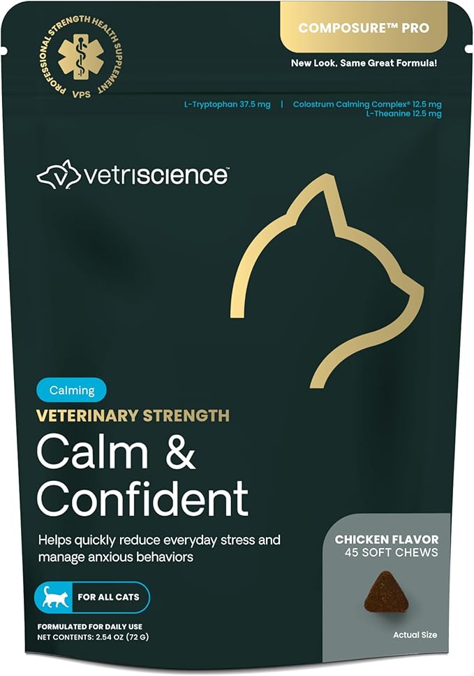 VetriScience Veterinary Strength Calm & Confident Chews - Stress Supplement for Cats - Supports Brain Function for Cats - with L-Theanine, Thiamine & More - 45 Count-Mewly Pet