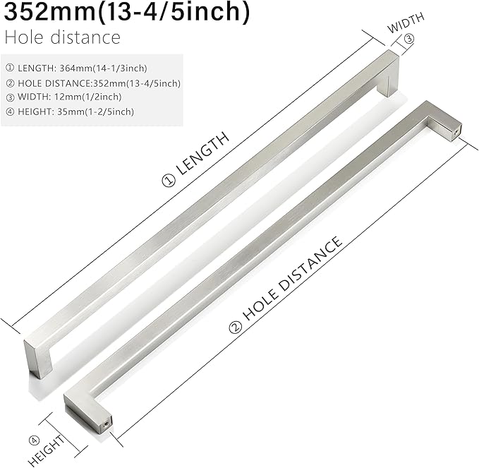 Cabinet Pulls Brushed Nickel Cabinet Handles Square Drawer Pulls, 30 Pack 13-4/5 Inch Stainless Steel Kitchen Door Cupboard Cabinet Handles, Hardware Drawer Handles, 352mm Hole Centers