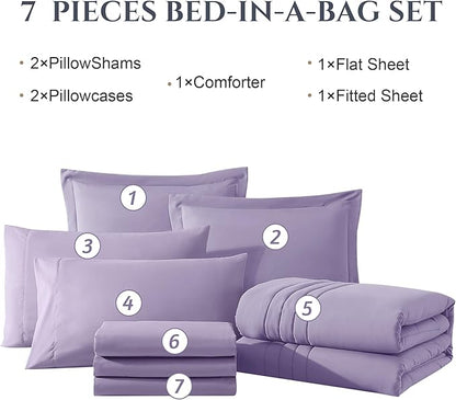 Monbix Queen Comforter Set - 7 Pieces Light Purple Bed in a Bag Queen Bedding Sets with Comforters, All Seasons Down Alternative Comforter Bed Set with Sheets, Pillowcases & Shams