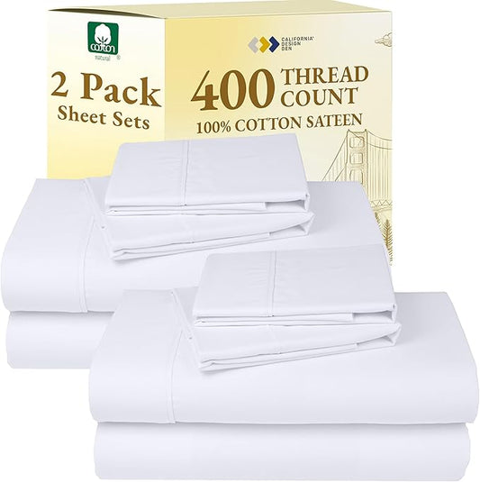 California Design Den 2-Pack Queen Bedsheet Sets - 400 Thread Count 100% Cotton Sateen - Extra Soft, Breathable & Cooling Sheets, Wrinkle Resistant, 2 Sets of Deep Pocket Bed Sheets - Bright White