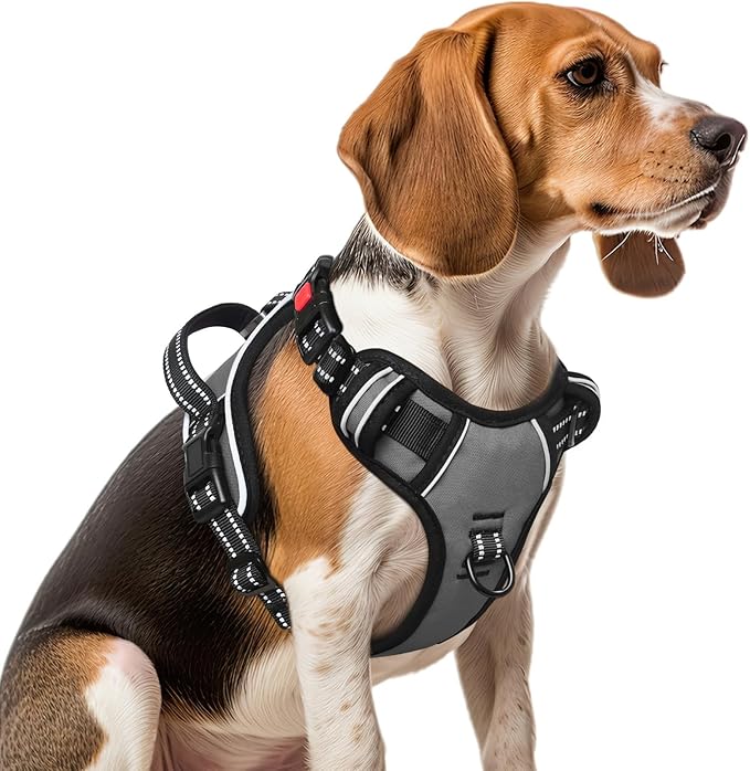 Timos Dog Harness Medium Sized, No Pull with Neck Lockable Snap,No Choke Front Clip Dog Reflective Harness,Adjustable Metal Rings 3 Buckles,Easy Control Handle for Medium Dogs Gray M-Mewly Pet