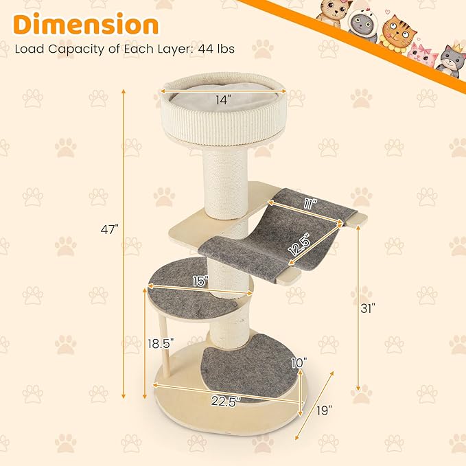 Tangkula Wood Cat Tree, 47 Inch Multi-Layer Cat Tower with 5.7” Thicker Sisal Covered Scratching Posts & Carpet, Padded Top Perch, 2 Jumping Platforms, Hammock, Modern Cat Tree Tower for Indoor Cats-Mewly Pet