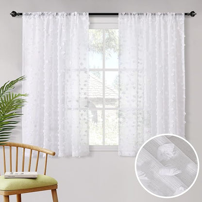 MYSKY HOME White Sheer Short Curtains with Pom Pom for Small Windows Bedroom Nursery Kids Girls Room Curtains Cafe Kitchen Light Filtering Boho Drapes, Rod Pocket,52 x 54 Inches, 2 Panels