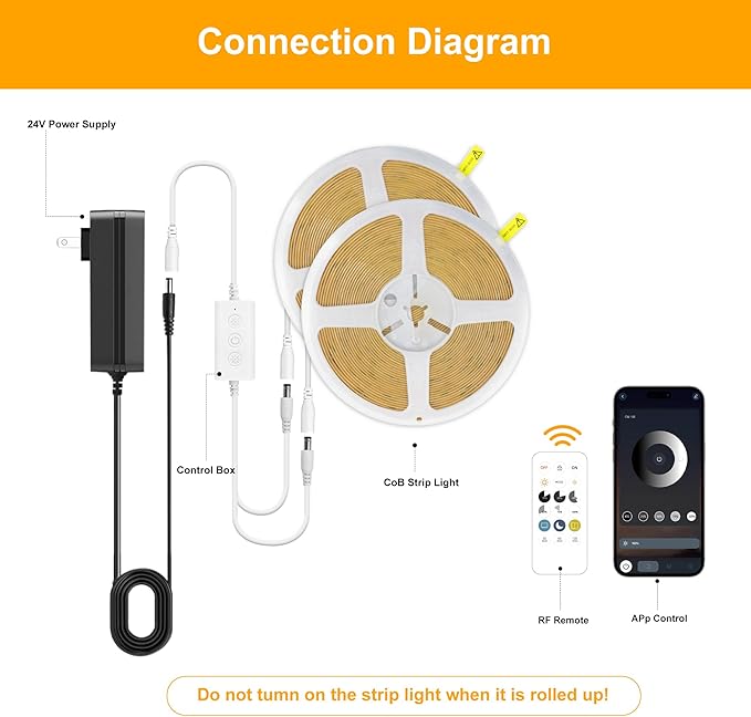 COB LED Strip Lights Natural White,24V Dimmable led Light Strip KIT with Remote and app Control,4000K 65FT/20m 8mm Wide Ra>90 Cuttable Flexible Strip Lights for Bedroom,Shelf,Cabinet