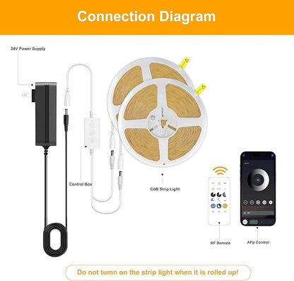 COB LED Strip Lights Warm White,24V Dimmable led Light Strip KIT with Remote and app Control,3000K 32.8FT/2 * 5m 8mm Wide Ra>90 Cuttable Flexible Strip Lights for Bedroom,Shelf,Cabinet