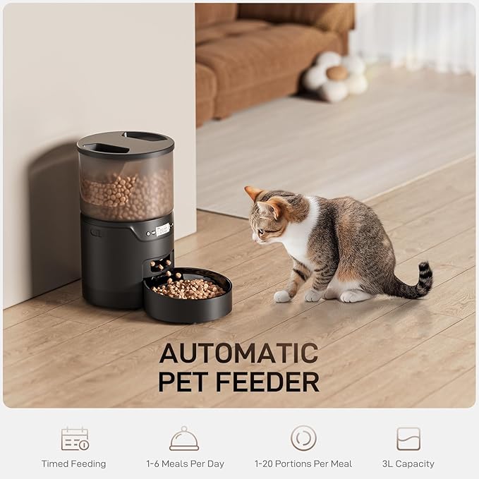 Automatic Cat Feeder: 3L Auto Food Dispenser with Timed Feeding| 6 Meal Programmable& 1-20 Portion Precise Control- Easy to Clean & Setup for Cat Indoor| Desiccant Bag Keep Food Fresh-Mewly Pet