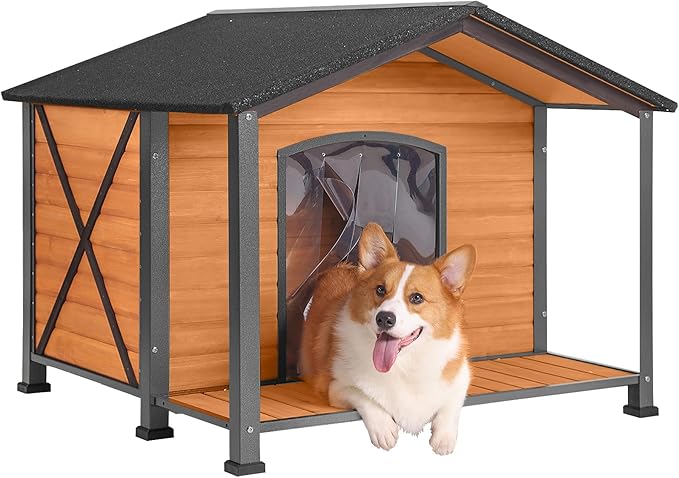 Aivituvin Dog House with Anti-Chewing Metal Frame Outdoor Large Wooden Dog Kennel Outside with Overhang Roof Large Porch Weatherproof-Mewly Pet