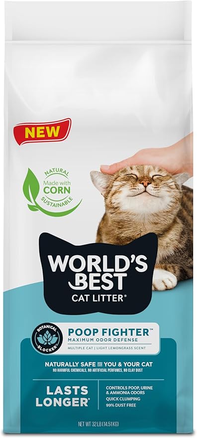WORLD'S BEST CAT LITTER Poop Fighter Maximum Odor Defense, 32-Pounds - Natural Ingredients, Quick Clumping, Flushable, 99% Dust Free & Made in USA - Long-Lasting Odor Control & Easy Scooping-Mewly Pet