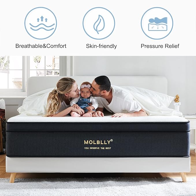 Molblly Hybrid Mattress in a Box with Gel Memory Foam, Individually Wrapped Pocket Coils Innerspring, Pressure-Relieving and Supportive, Non-Fiberglass, Queen Size, 10 Inch