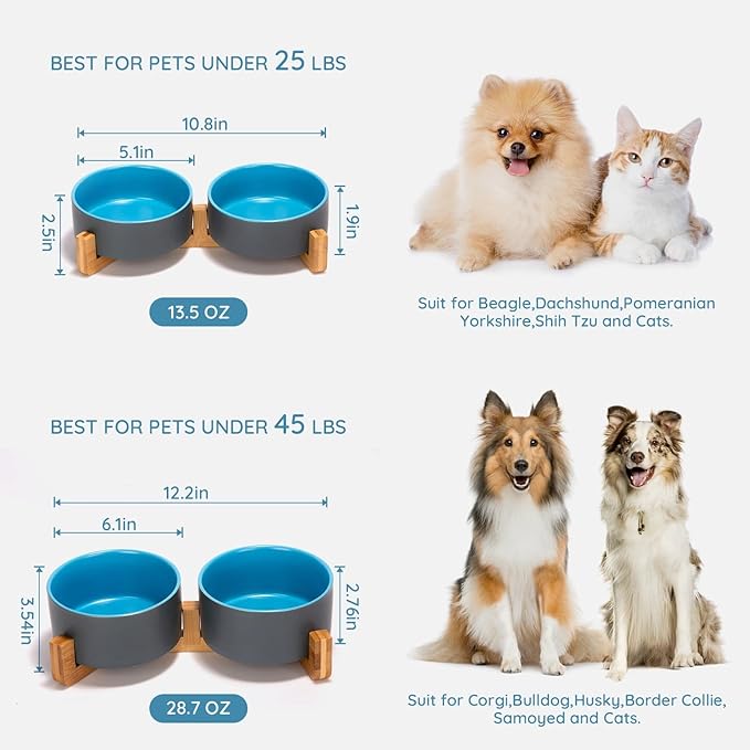 SPUNKYJUNKY Ceramic Dog and Cat Bowl Set with Wooden Stand, Modern Cute Weighted Food Water Set for Small Size Dogs (13.5OZ) & Medium Sized Dogs (28.7OZ) & Cats (1.7 Cups, 2 × Blue-Grey)-Mewly Pet