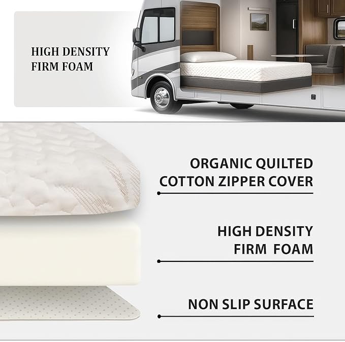 Foamma 5" x 38" x 80" Mattress for RV with Water Resistant Organic Cotton Cover, Firm High Density Foam, USA Made, CertiPUR-US Certified Foam