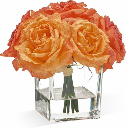 WELL KNOWN Rose Artificial Flowers in Vase with Faux Water, Silk Rose Table Centerpieces for Home Coffee Table Decor, Fake Roses Flower Arrangements for Office Hotel Lavatory Decor (Burnt Orange)