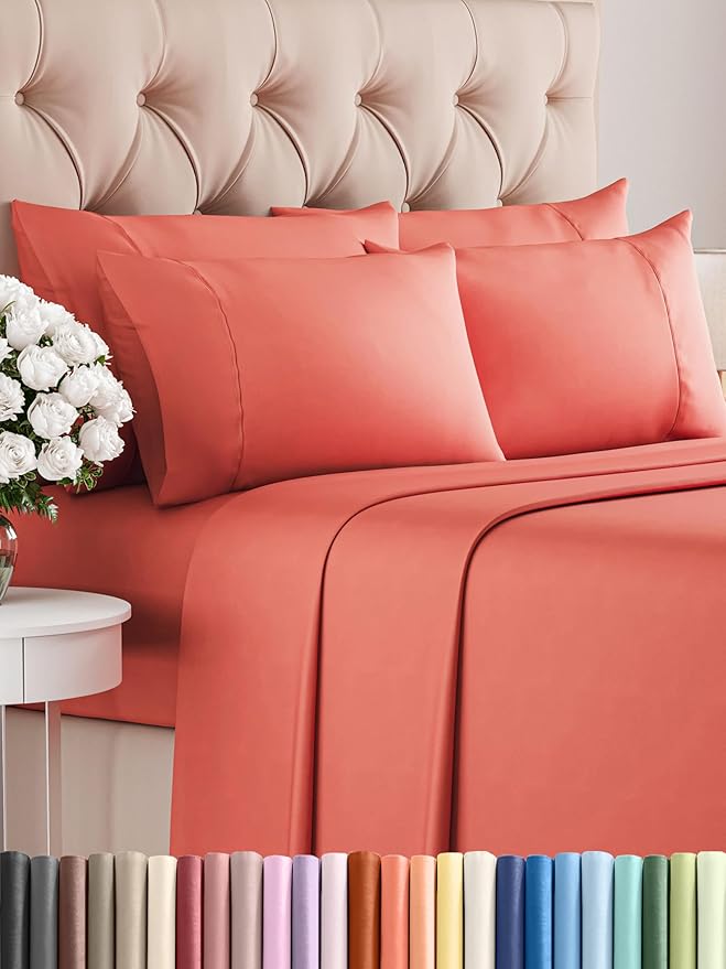 Full 6 Piece Sheet Set - Comfy Breathable & Cooling - Ultra Soft Hotel Luxury Bedding Set with 8-16 Inch Deep Pockets - 1 Flat & 1 Fitted Sheet & 4 Pillowcases - Cozy, Wrinkle Free & Easy Care - Coral