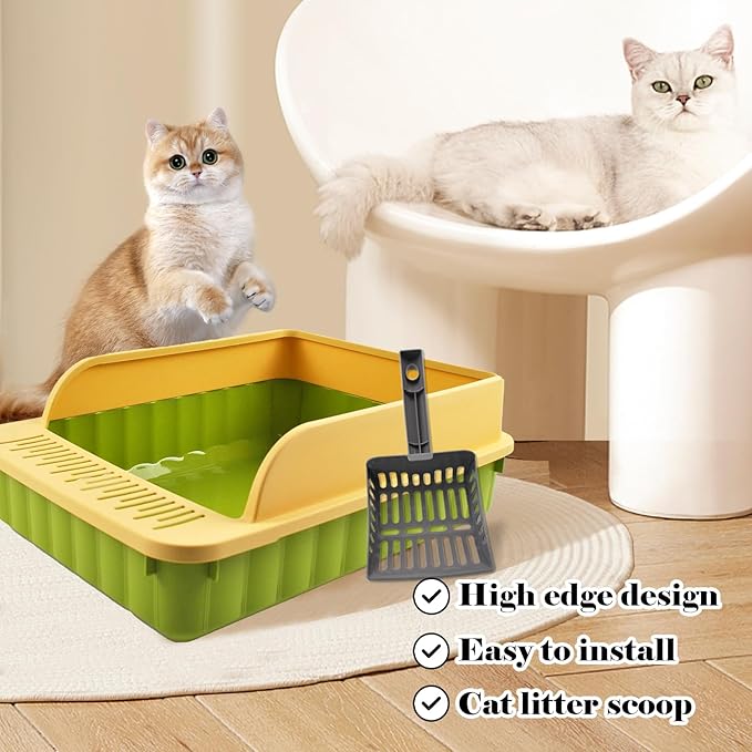 Open Top Cat Litter Box with High Side Anti-Splashing Cat Toilet with Litter Sifting Scoop Semi-Enclosed Kitten Litter Tray Pan Removable Prevent Sand Leakage Deodorizing Easy to Clean(Green)-Mewly Pet