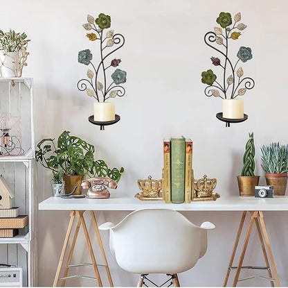 Wall Sconces Candle Holder Set of 2, Antique Color Style Leaf Branch Wall Mount Hanging Metal Wall Candle Holder Candle Sconce for Living Room Dining Room…