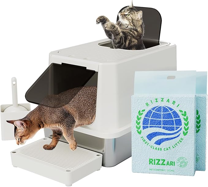 RIZZARI Stainless Steel Cat Litter Box, Enclosed Top-Entry Design, Large Capacity High-Sided Leak Proof Litter Pan for Cats, Easy Clean Pet Toilet (Beige, with Cat Litter)-Mewly Pet