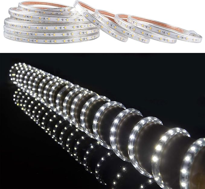 SURNIE 50ft LED Rope Lights Outdoor Waterproof, 110V Flexible Daylight White Bright Lighting Cuttable Connectable, Cool Clear Flat Strip Light 6000K for Outside Deck Patio Camping Decor, Not Tube Rope