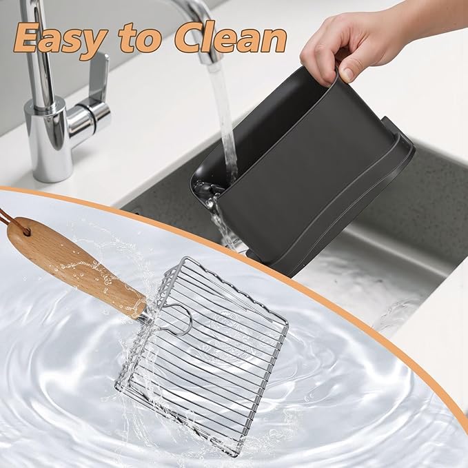 Metal Cat Litter Scoop with Holder, Poop Scooper with Stand&2 Rolls of Garbage Bag, Heavy Duty Stainless Steel Shovel with Wooden, Kitty Quick Sifter for Easy Cleaning, Essential Item for Cat-Mewly Pet