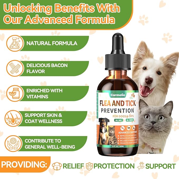 Oral Flea and Tick Support for Dogs and Cats, Natural Dog Flea and Tick Defense, Cat Flea Drops Supplements with Vitamin for Pets - All Breeds and Ages - Bacon-Mewly Pet