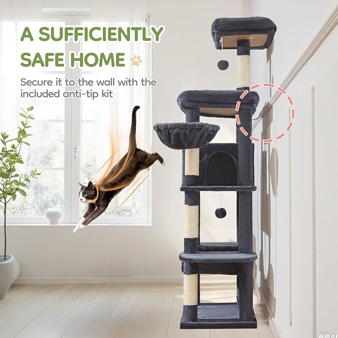 Taoqimiao MS042G Cat Tree,66-inch Large Cat Tower with Scratching Posts, Luxurious Large Platform for Big Cats with Soft Hammock, Adjustable Basket, Deluxe Cat Cando, Top Perch Smoke Gray-Mewly Pet