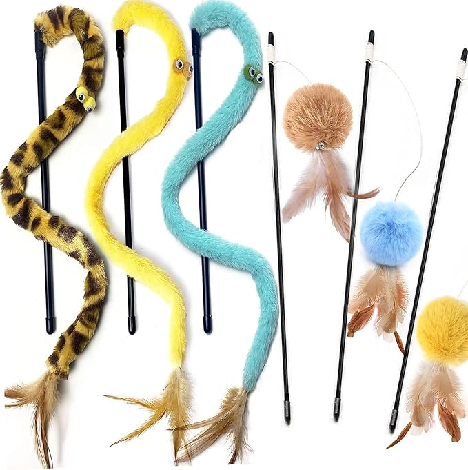 Cat Toys for Indoor Toys,Rainbow Cat Wand Toys,Feather Flips Plush Ball Cat Toys,Interactive Feather Toy for Teaser Play and Chase Exercise with Kitten 6 Pack-Mewly Pet