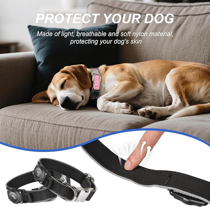 Waterproof Airtag Dog Collar - Nylon Collar with Durable Airtag Holder, Reflective&Anti-Lost with Safety Metal Buckle, Soft Padded Adjustable for Small Medium Large Dogs Black XL-Mewly Pet