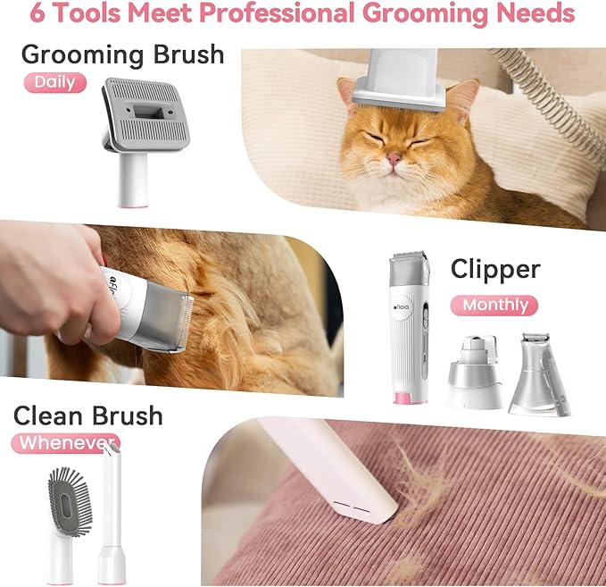 Afloia 6-in-1 Dog Grooming Kit, Pet Grooming Vacuum for Shedding, Dog Hair Vacuum with Clipper Nail Trimmer Grinder, Pet Brush Groomer at Home, Low Noise Cats Hair Remover, 1.5L Dust Cup, Pink-Mewly Pet