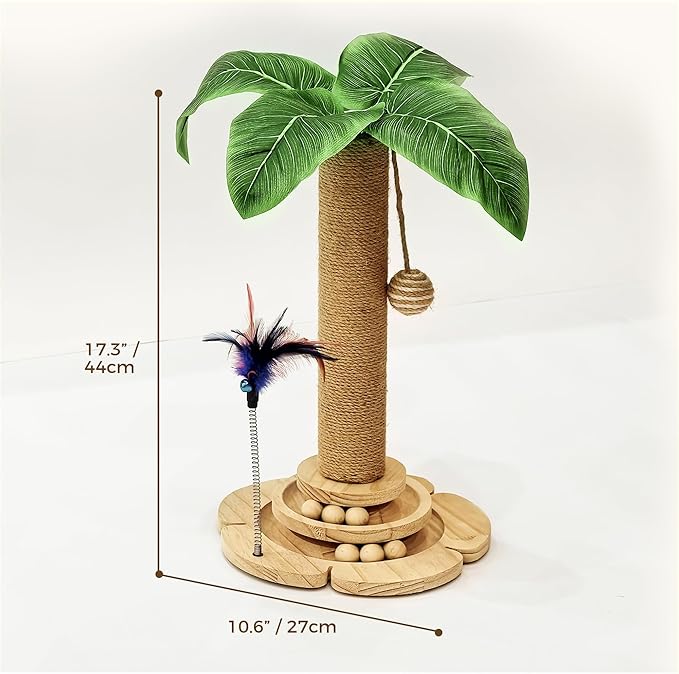 Cat Scratching Post, Cat Scratcher Toy for Indoor Cats, 17.3" Tall Scratch Post with 2-Layer Ball Tracks, Interactive Feather Toy and Sisal Hanging Ball, Banana Tree Cat Tower for Kittens-Mewly Pet