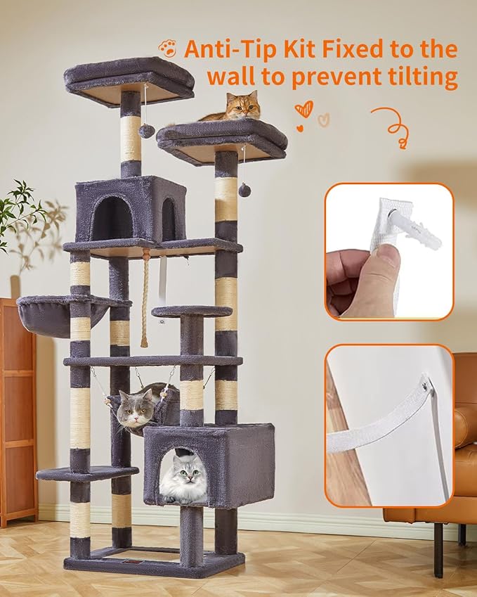 Taoqimiao Cat Tree, 71-Inch Cat Tree Cat Tower for Indoor Cats, Plush Multi-Level Cat Condo with 10 Scratching Posts, 2 Perches,Basket, 2 Caves,Hammock, 2 Pompoms,MS020G Beige Smoky Gray-Mewly Pet