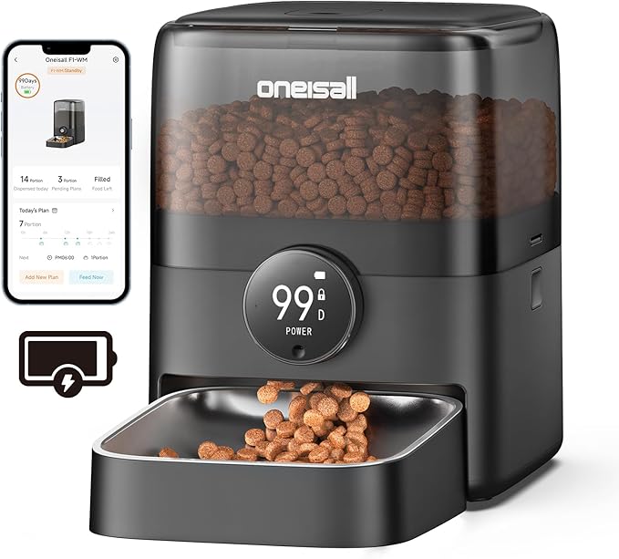 oneisall Cordless WiFi Automatic Cat Feeder, Tasty S2 Pro Rechargeable 100-Day Battery Operated Pet Feeder, 12 Cups/3L Timed Cat Food Dispenser for Large Kibble, Smart App Control (Black)-Mewly Pet