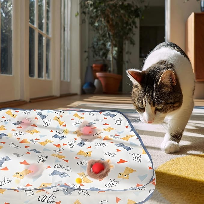 Rocfish Interactive Cat Toys Ball - Automatic Fast Rolling Ball in Play Mat, Hide and Seek Mouse Catching Game, Low-Noise Cat Enrichment Toys in Pouch for Indoor Bored Cats (Red Toy & Square Mat)-Mewly Pet