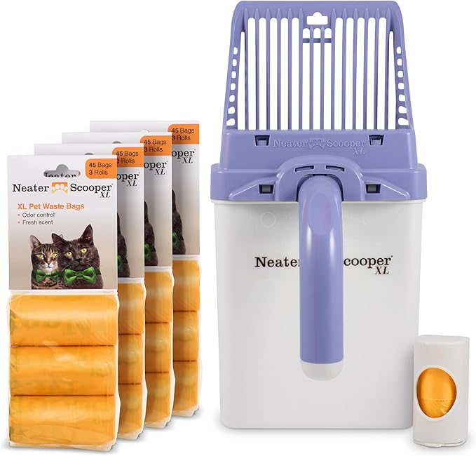 Neater Pet Brands Neater Scooper XL Cat Litter Scoop, 195 Refill Bags – Extra-Large Capacity Mess-Free Cat Litter Scooper with Bag for Large & Multiple Cats, Spill-Proof Litter Box Scooper with Holder-Mewly Pet
