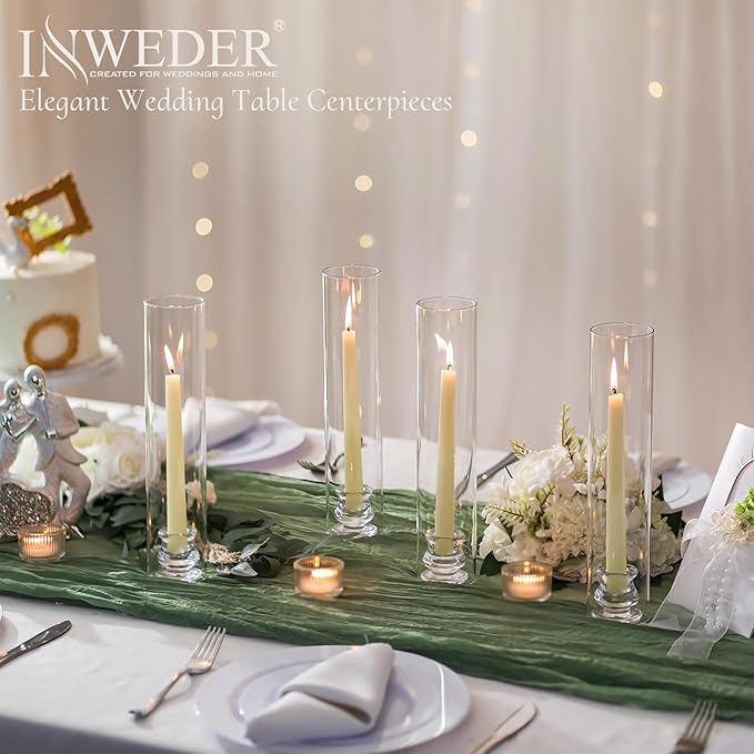 Glass Hurricane Candle Holder: 12" Tall Candlestick Holder with Cylinder Windproof Cover Clear Taper Candle Holders for Wedding Party Birthday Christmas Home Decor Set of 2