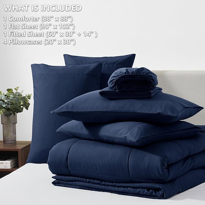 CozyLux Queen Comforter Set Navy Blue, 7 Pieces Bed in a Bag, Blue Comforter Queen Size, All Season Bedding Sets with Stitch Quilted Comforter, Flat Sheet, Fitted Sheet, Pillowcases