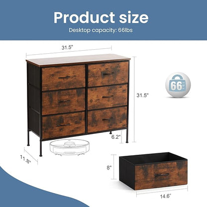 DUMOS TV Stand for Living Room, Dresser for Bedroom Chest of Dresser with 6 Fabric Drawers Storage Organizers Units, Nightstand for Bed