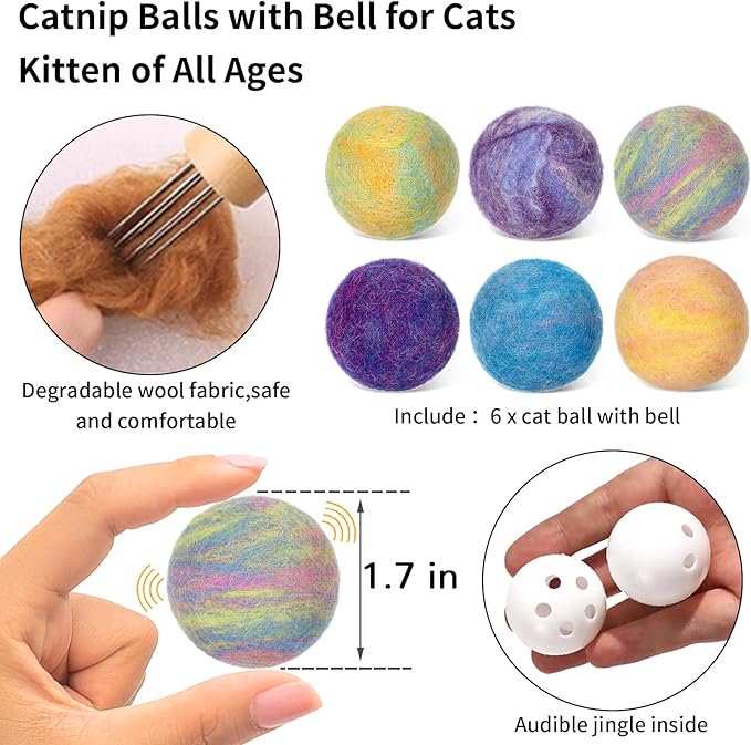 Retro Shaw Cat Toys Balls,Catnip Ball with Bell Inside,Wool Balls Toy with SilverVine Catnip Fill, Upgraded,Interactive Cat Nip Ball for Indoor Kitten Kitty 6 Pcs-Mewly Pet