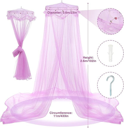 Jeteventy Bed Canopy for Girls, Princess Bed Curtain Net for Single to King Size,Bedroom Decoration of Round Lace Dome with Stainless Steel Hook,Quick Easy Installation (Purple)